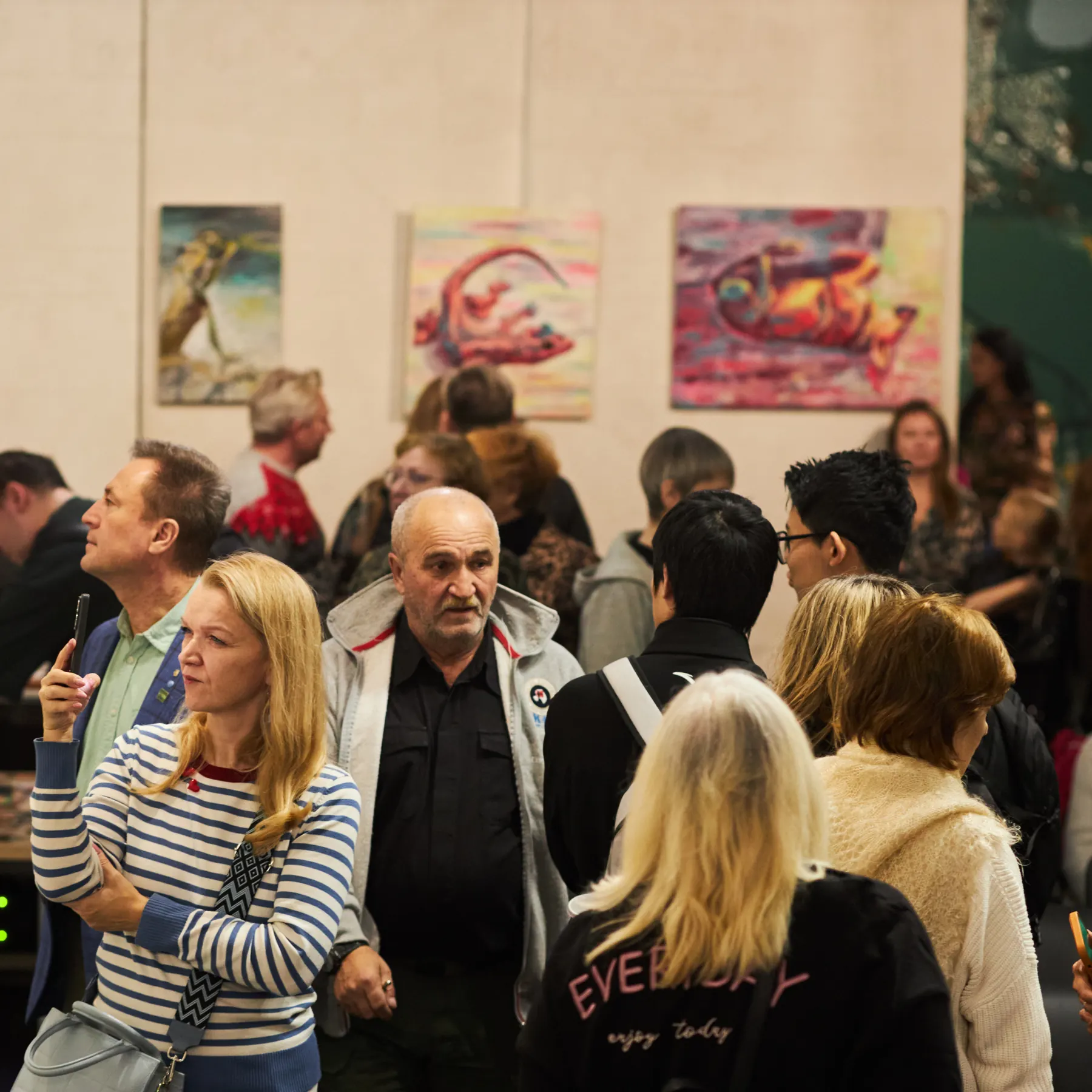 Exhibition view with paintings by Ilia Morozov